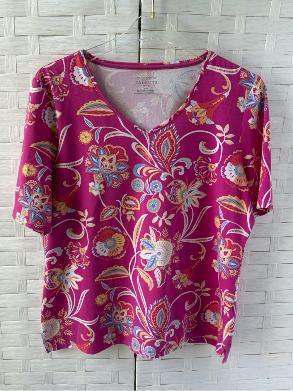 Talbots XLP Pink Floral Cotton V Neck Short Sleeve Tee Casual Beach‎ Travel Soft